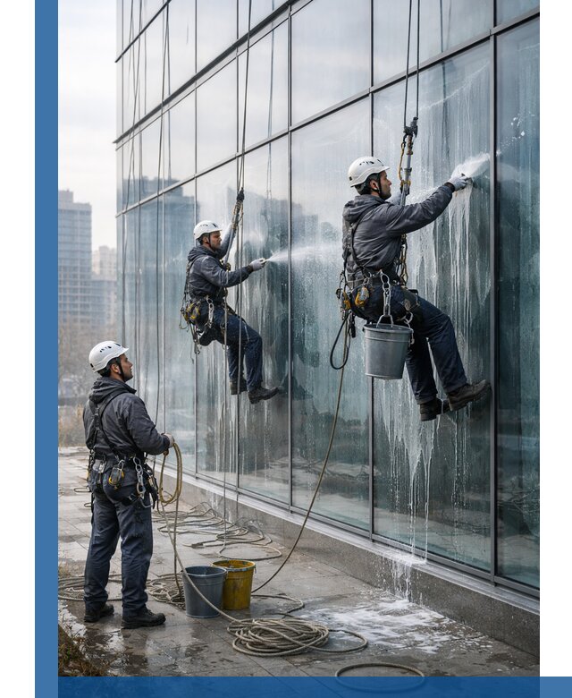 Промышленная мойка панорамных окон на высоте в Тольятти