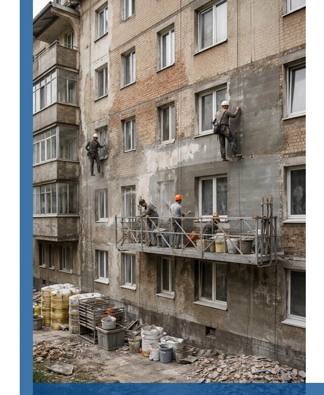 Капитальный ремонт фасада в Тольятти с восстановлением и гидроизоляцией