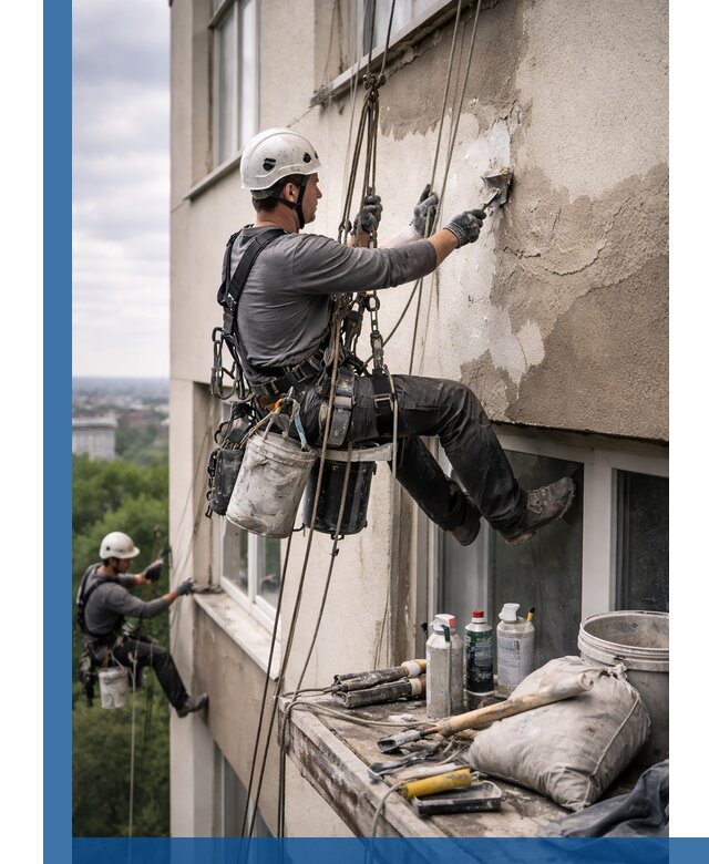 Косметический ремонт фасада зданий в Тольятти промышленными альпинистами