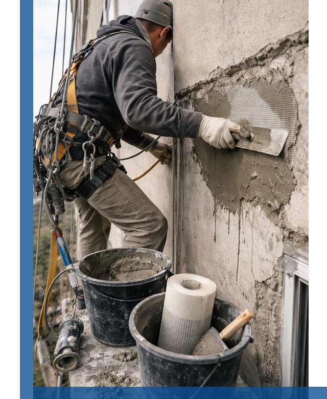 Ремонт бетонных элементов фасада промышленными альпинистами в Тольятти