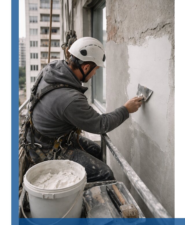 Шпаклевка фасадов на высоте с промальпинистами в Тольятти