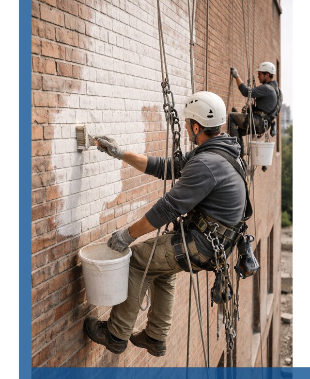 Покраска кирпичного фасада с доступным альпинистским сервисом в Тольятти