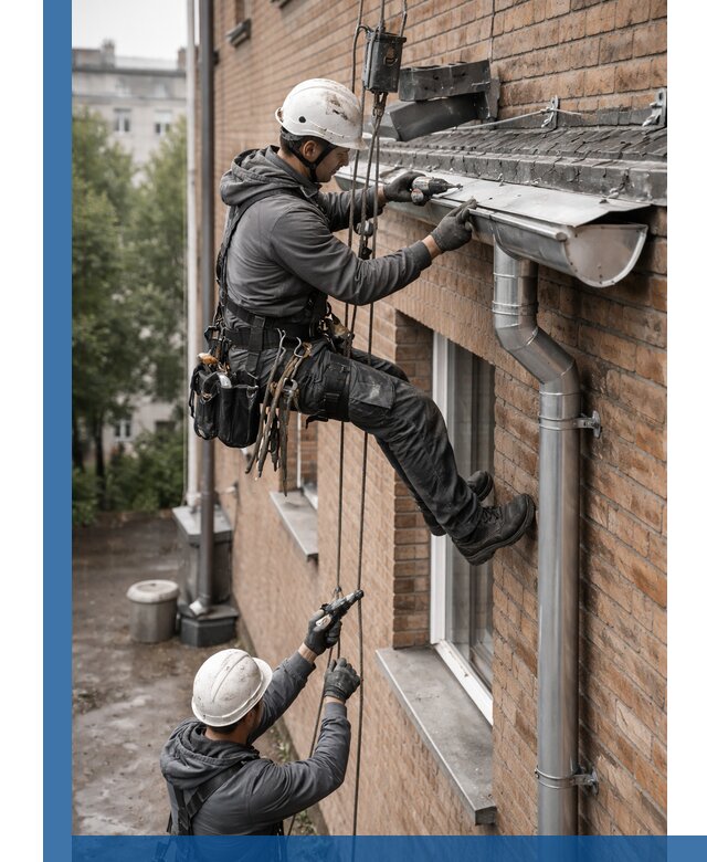 Монтаж водосточной системы на здании в Тольятти под ключ