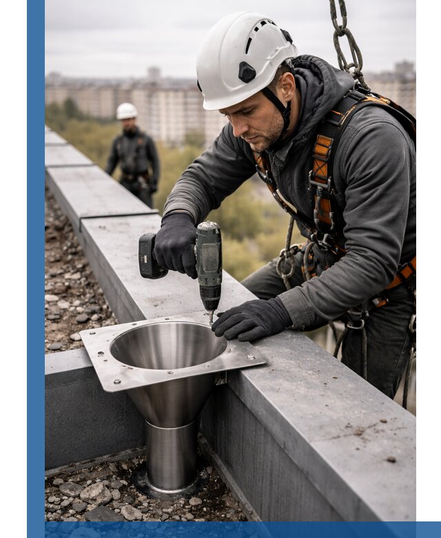 Монтаж водосточных воронок в Тольятти для промышленных зданий