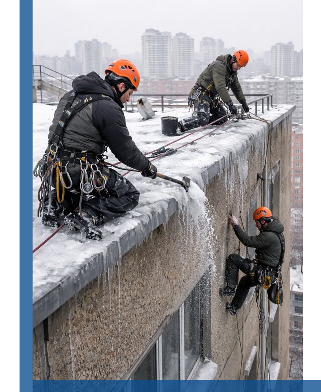 Удаление наледи с кровли в Тольятти промышленными альпинистами