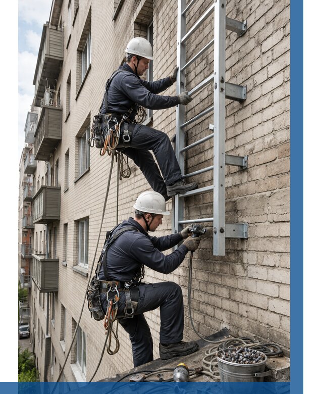 Монтаж пожарной лестницы в Тольятти от 25855 р заказать у ВЫСОТНИК-Тля