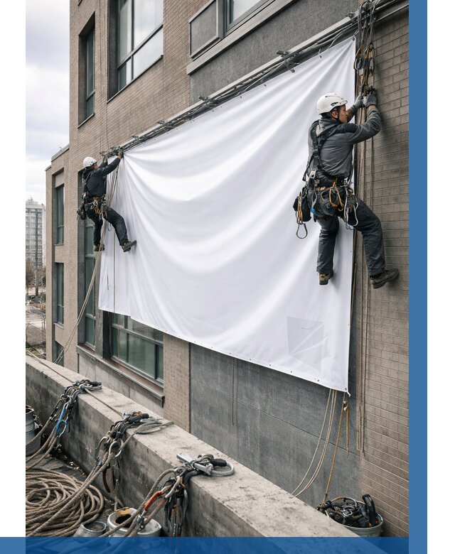 Монтаж баннеров на фасаде в Тольятти от 672 р. заказать ВЫСОТНИК-Тля