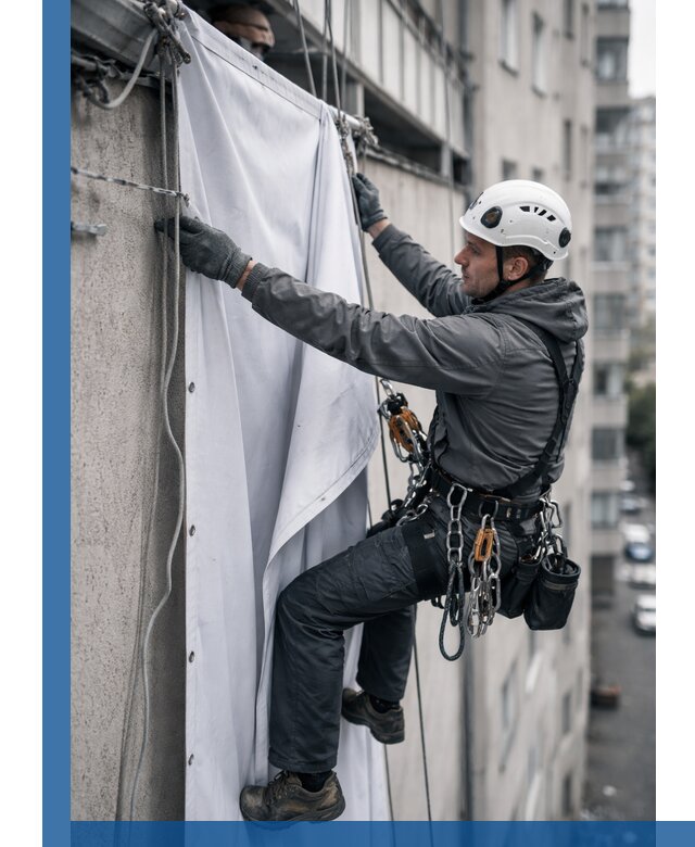 Замена баннерного полотна промышленными альпинистами в Тольятти