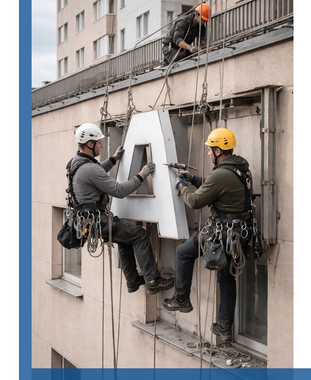 Ремонт и восстановление наружных вывесок на высоте в Тольятти