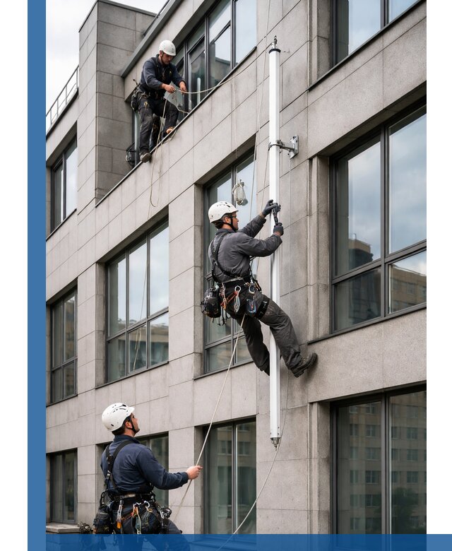 Монтаж флагштока на фасаде здания с креплением и герметикой в Тольятти