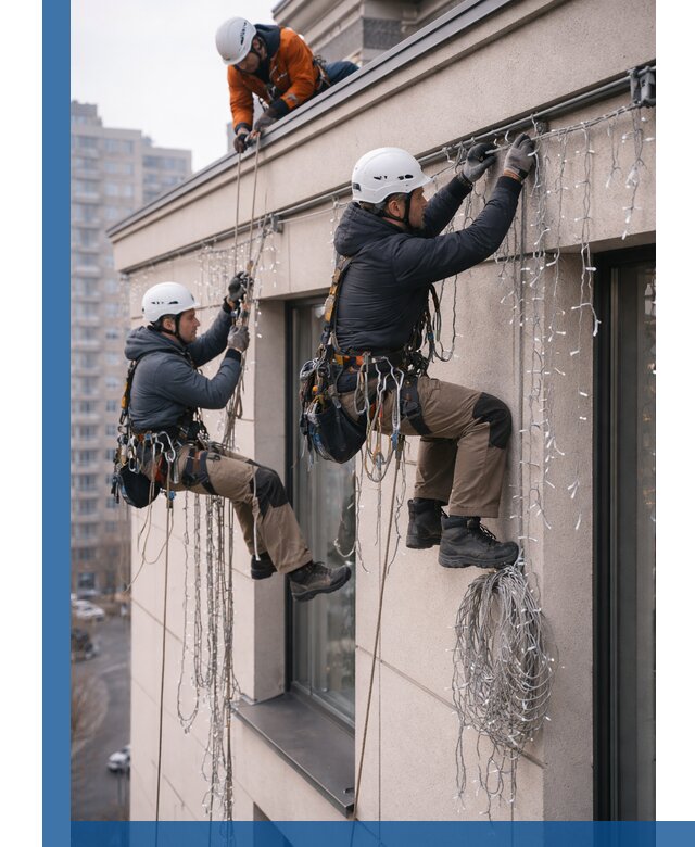 Монтаж праздничных гирлянд на фасаде в Тольятти для зданий