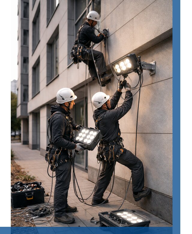 Монтаж прожекторов на фасаде в Тольятти от 7757 р. | ВЫСОТНИК-Тля