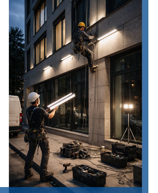 Монтаж архитектурной подсветки здания в Тольятти от 2586 р.|ВЫСОТНИК-Тля