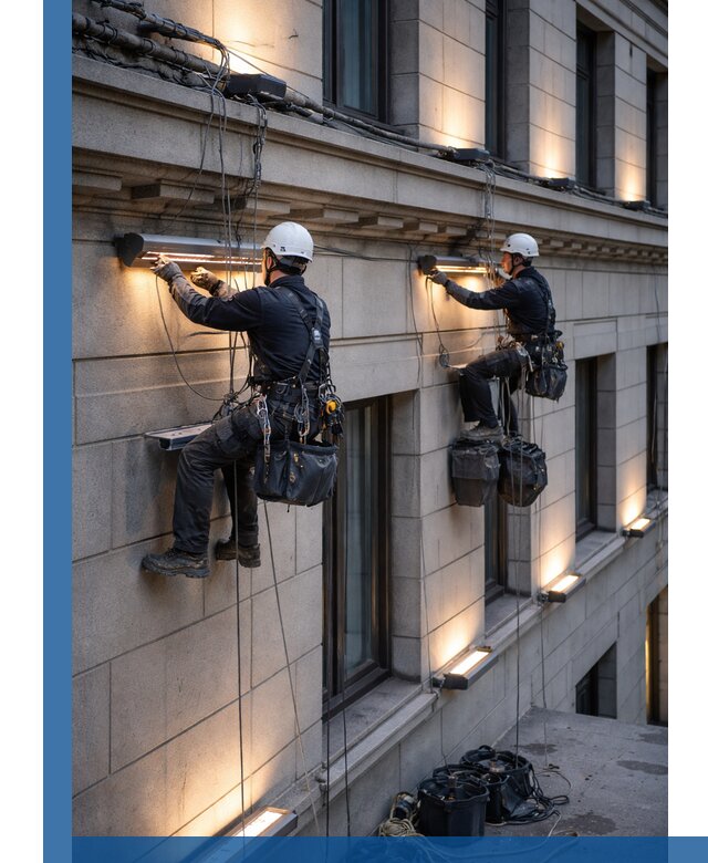 Монтаж архитектурной подсветки фасадов зданий в Тольятти