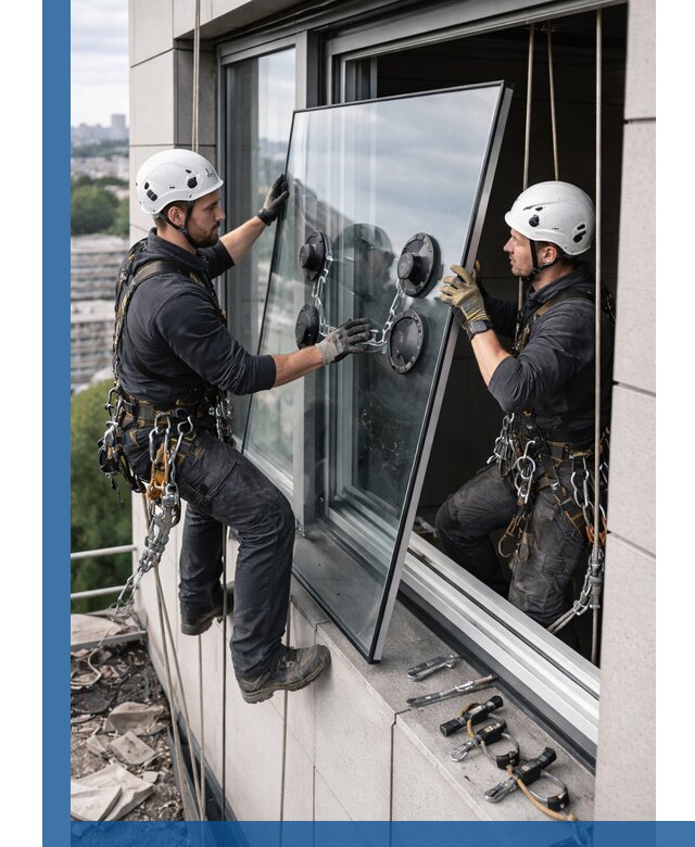Замена стеклопакетов на высоте с промышленными альпинистами в Тольятти