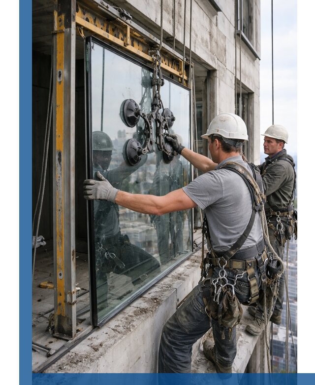 Монтаж стеклопакетов на высоте в Тольятти с промышленным альпинизмом