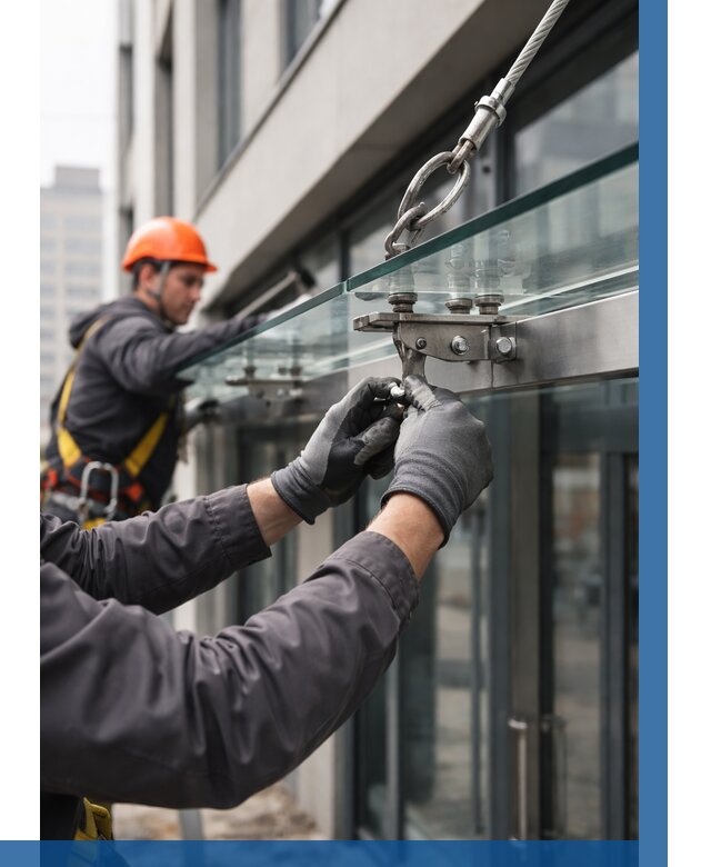 Монтаж стеклянных козырьков в Тольятти от 8791 р. | ВЫСОТНИК-Тля