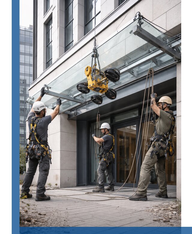 Монтаж стеклянных козырьков под ключ в Тольятти для зданий