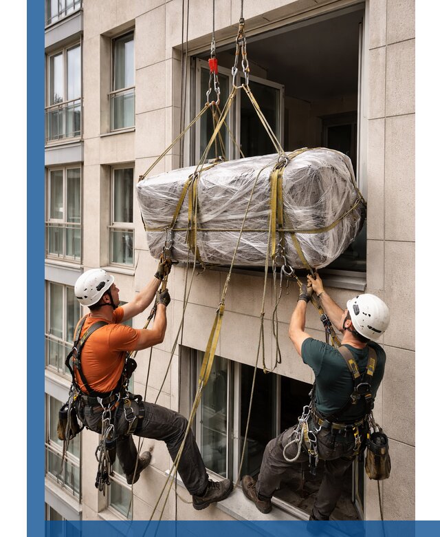 Подъем грузов через окно в Тольятти промышленными альпинистами